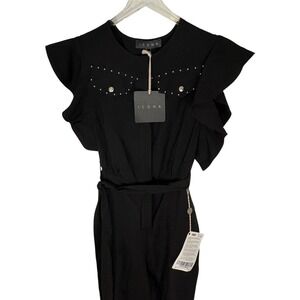 NWT ICONA Womens Black Studs Ruffle‎ Sleeves Belted Jumpsuit Size Medium